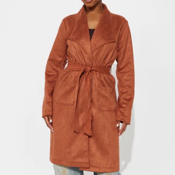 •Falling for You• Faux Suede Cognac Belted Trench Coat - Picture 4 of 4